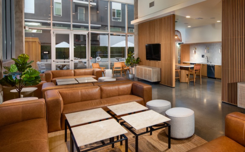 spacious indoor lounge with modern decor and ample seating on leather couches
