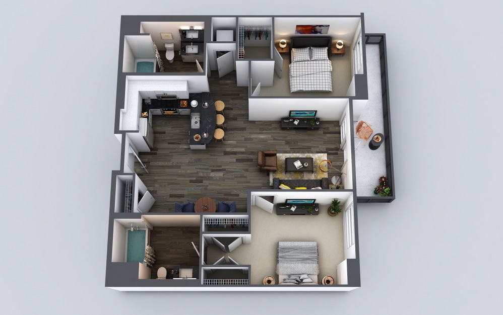 C1 - 2 bedroom floorplan layout with 2 bathrooms and 1070 - 1118 square feet