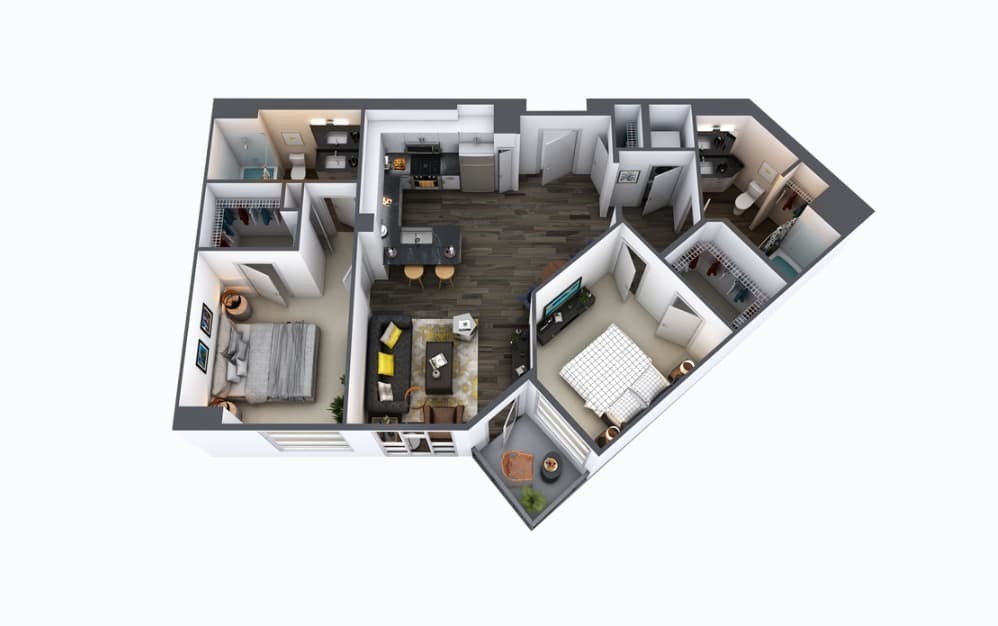 C2 - 2 bedroom floorplan layout with 2 bathrooms and 1015 square feet