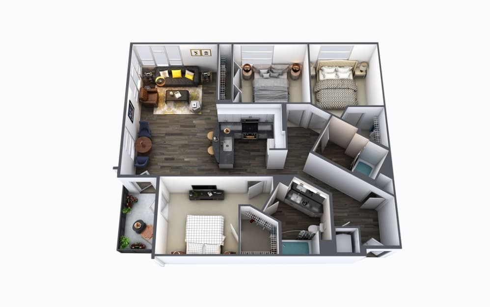 D1 - 3 bedroom floorplan layout with 2 bathrooms and 1328 square feet