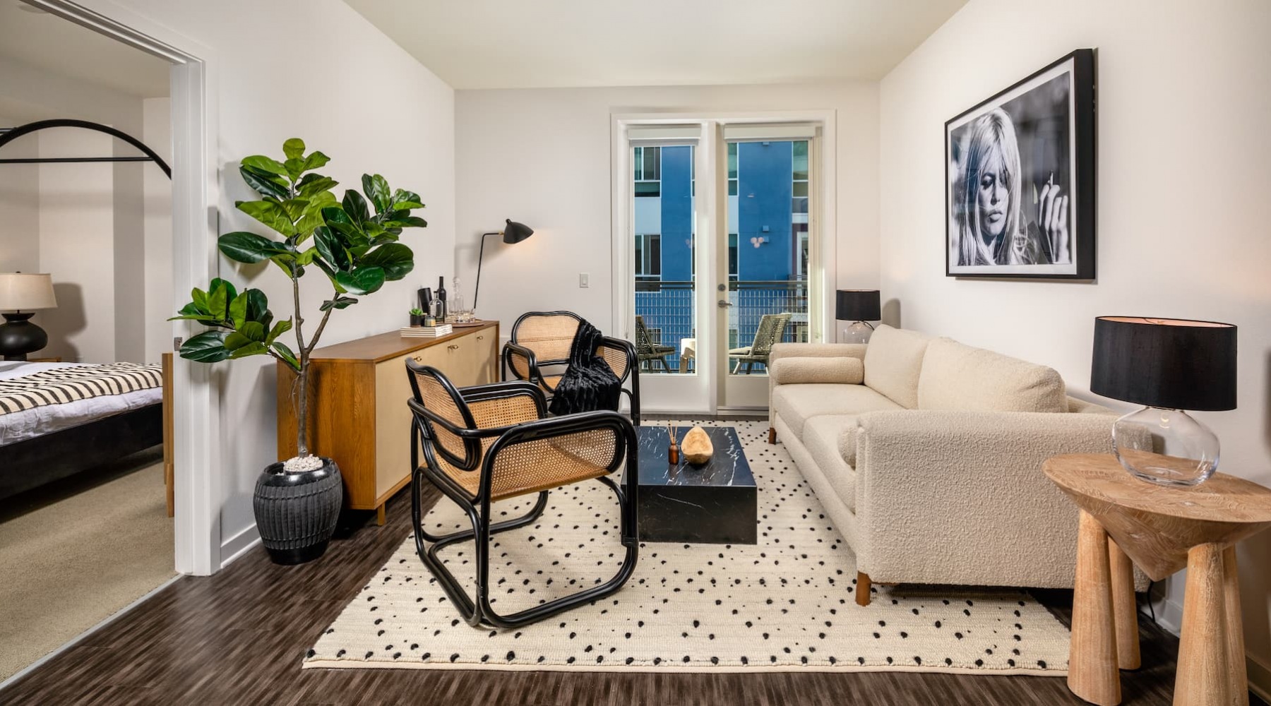 interior living room with couch, spacious areas and easy access to the bedroom