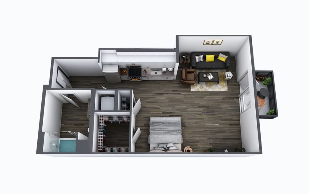 S3 - Studio floorplan layout with 1 bathroom and 598 square feet