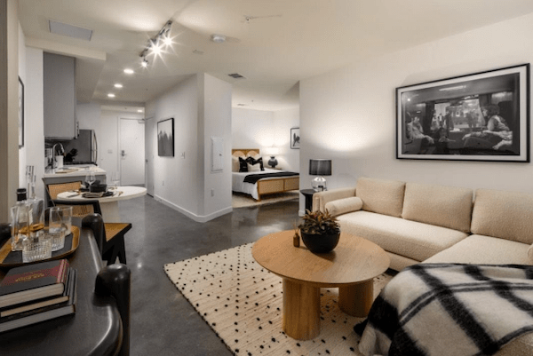 spacious living room with easy access to dining area